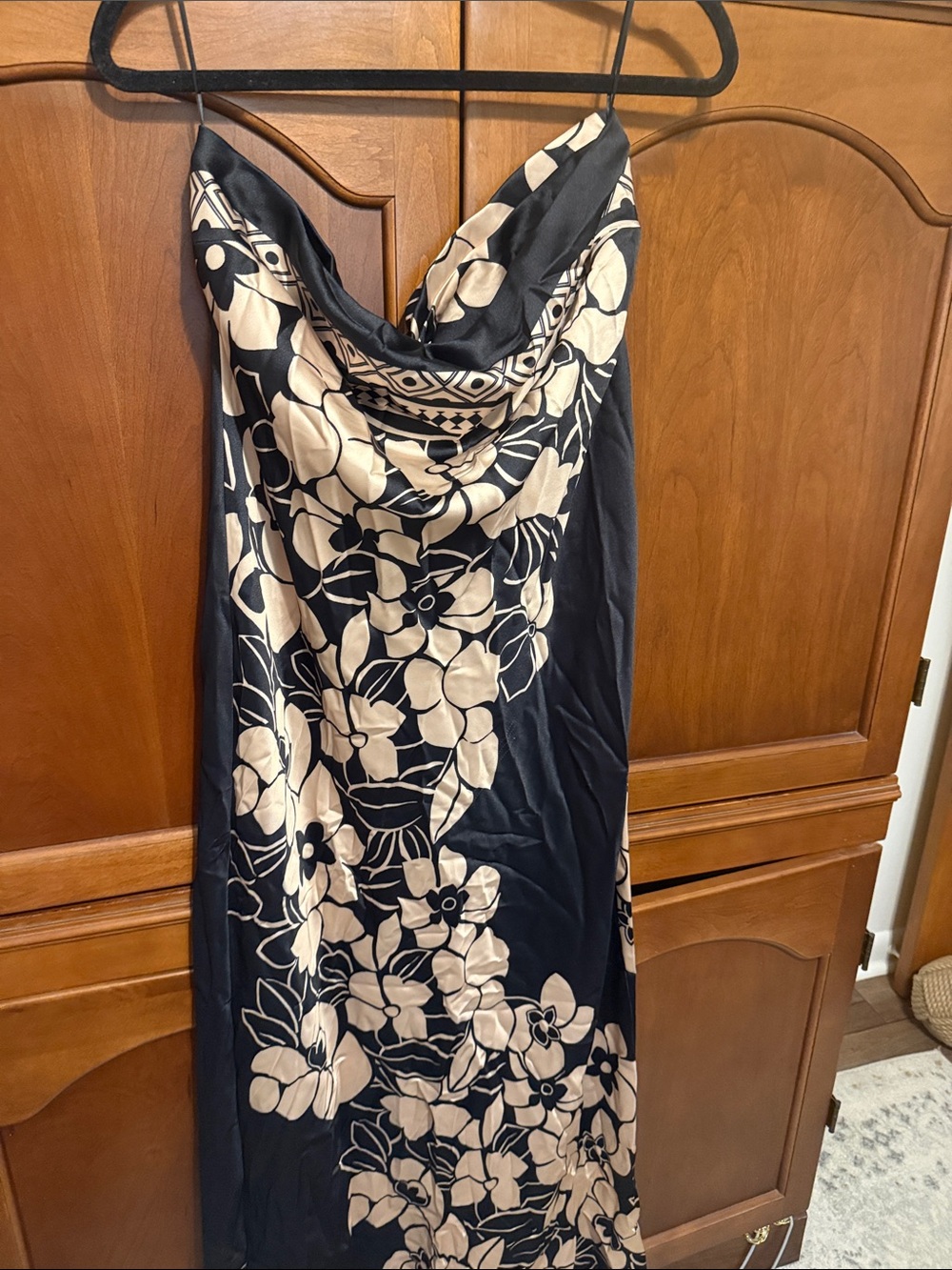 Anthropologie Black and Cream Floral Cowl Slip Dress